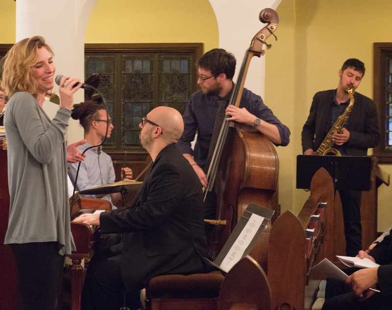 Performing during the mass are (l-r) vocalist Andrea Wood, drummer Phillippe Lemm, pianist Angelo Di Loreto, bassist Ethan O'Reilly and saxophonist Elijah Jamal Balbed. BY DENY HOWETH